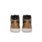 Rear view of Air Jordan 1 Retro High OG GS 'Black Metallic Gold' showcasing metallic gold detailing and high-top design.