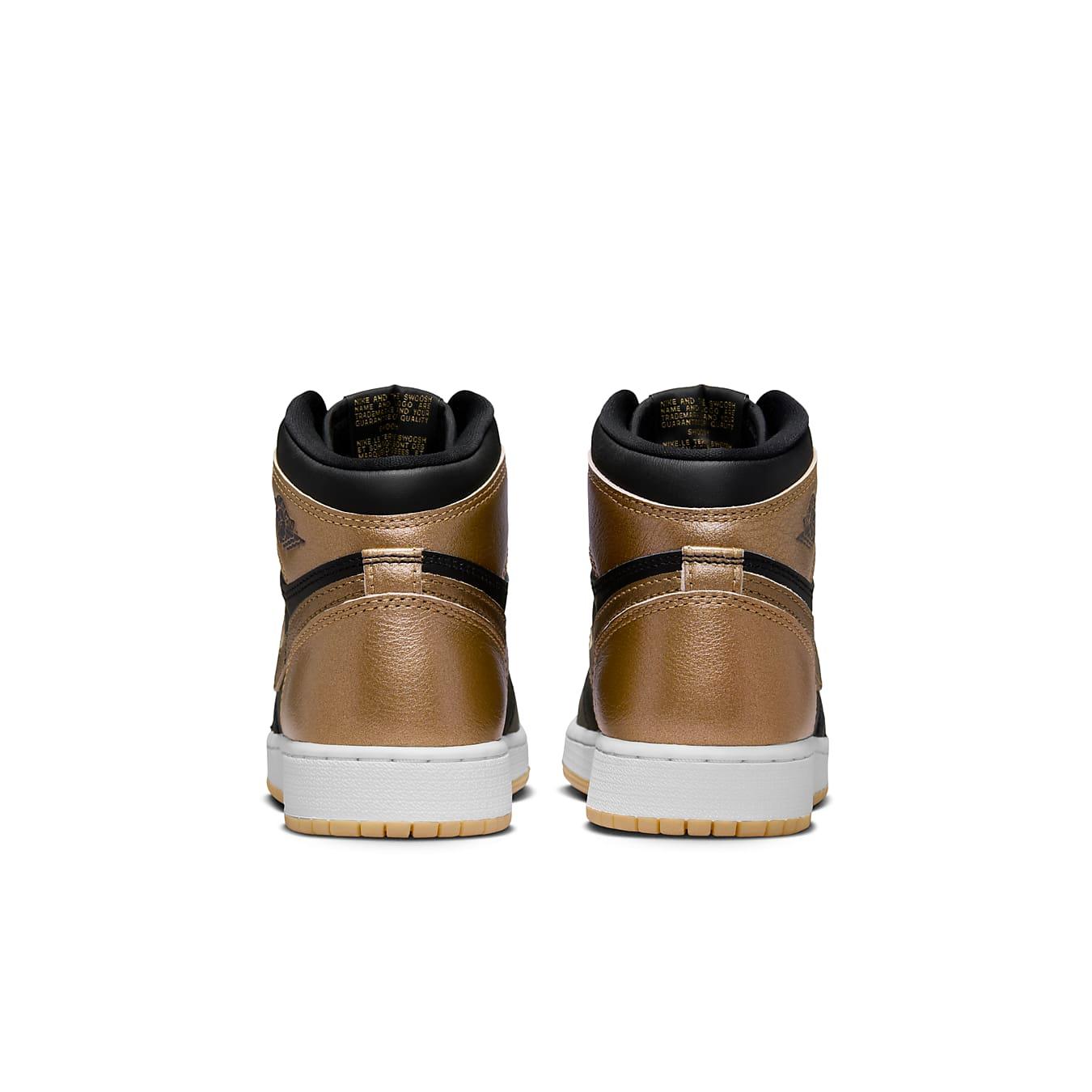 Rear view of Air Jordan 1 Retro High OG GS 'Black Metallic Gold' showcasing metallic gold detailing and high-top design.