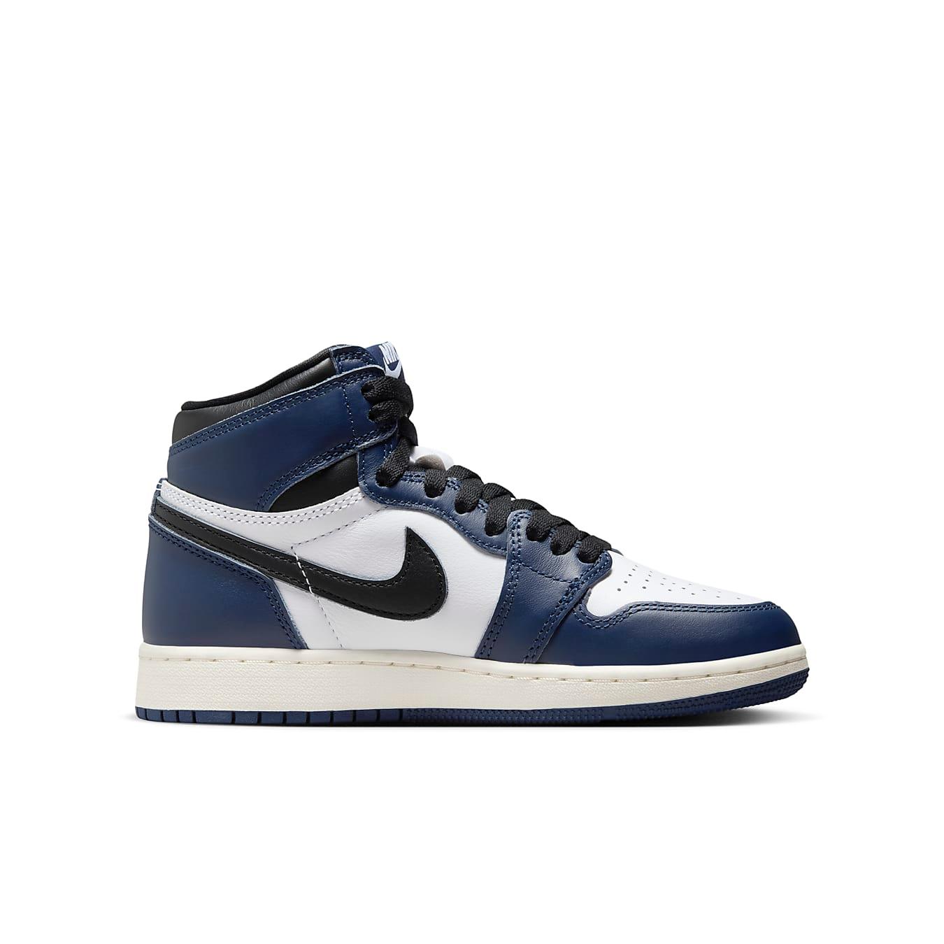 Jordan 1 Retro High OG Midnight Navy GS sneaker with navy and white colorway and black accents.