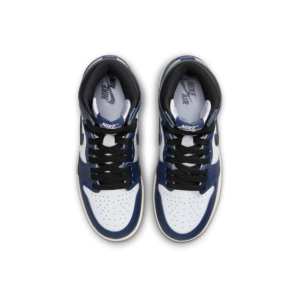 Top view of the Jordan 1 Retro High OG Midnight Navy (GS) sneakers featuring a white and navy colorway.