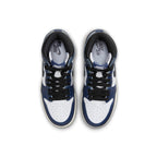 Top view of the Jordan 1 Retro High OG Midnight Navy (GS) sneakers featuring a white and navy colorway.