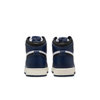 Back view of Jordan 1 Retro High OG Midnight Navy sneakers with navy upper and white detailing.