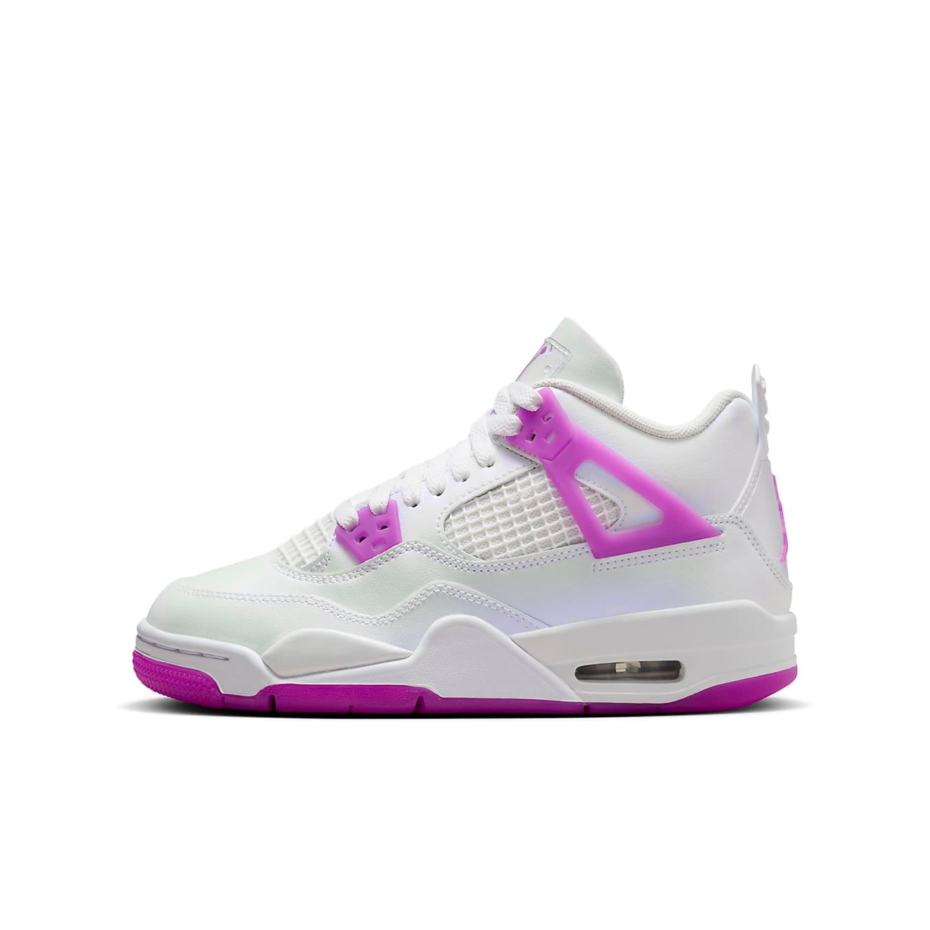 Air Jordan 4 Retro Hyper Violet GS with white leather upper and vibrant violet accents for kids.