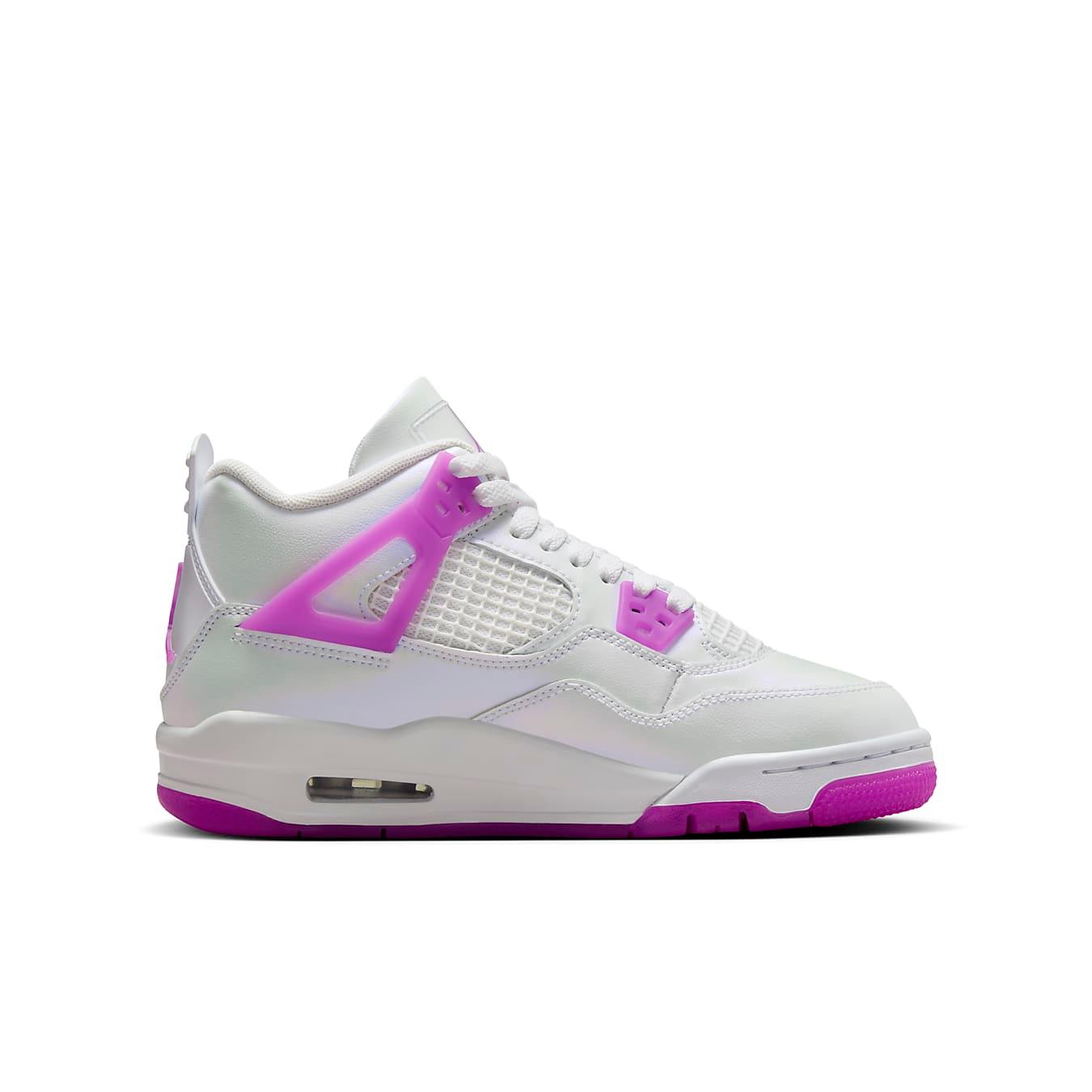 Air Jordan 4 Retro Hyper Violet GS with white leather upper and vibrant violet accents, ideal for boys' sizes.