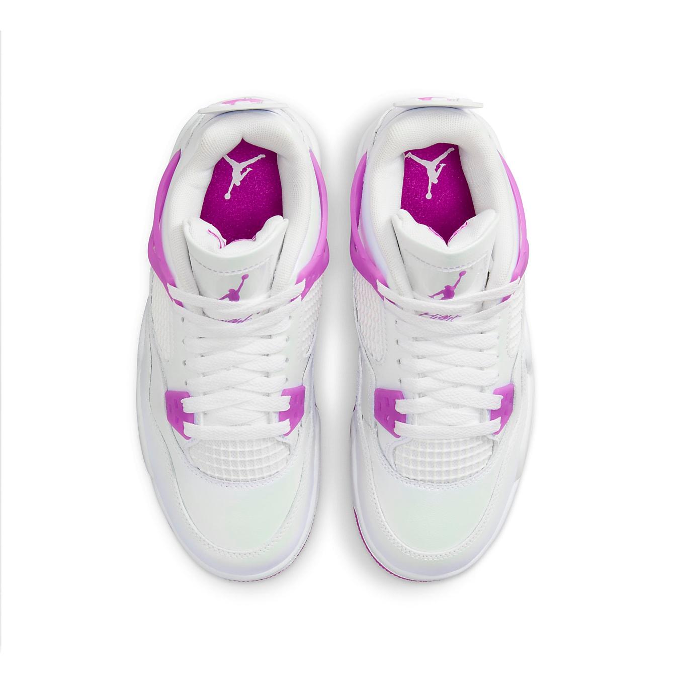 Air Jordan 4 Retro Hyper Violet GS sneakers in white and violet, featuring padded collar and breathable mesh sides.