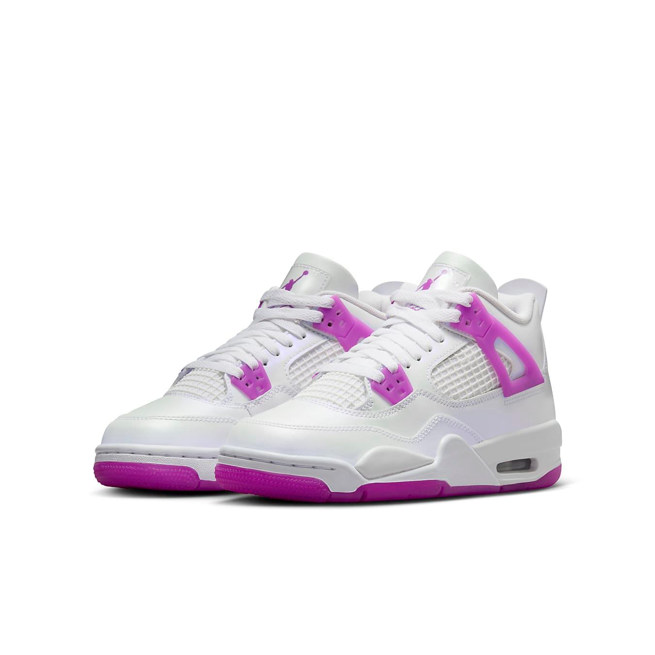 Air Jordan 4 Retro Hyper Violet GS in white leather with vibrant violet accents, featuring a padded collar and breathable mesh.
