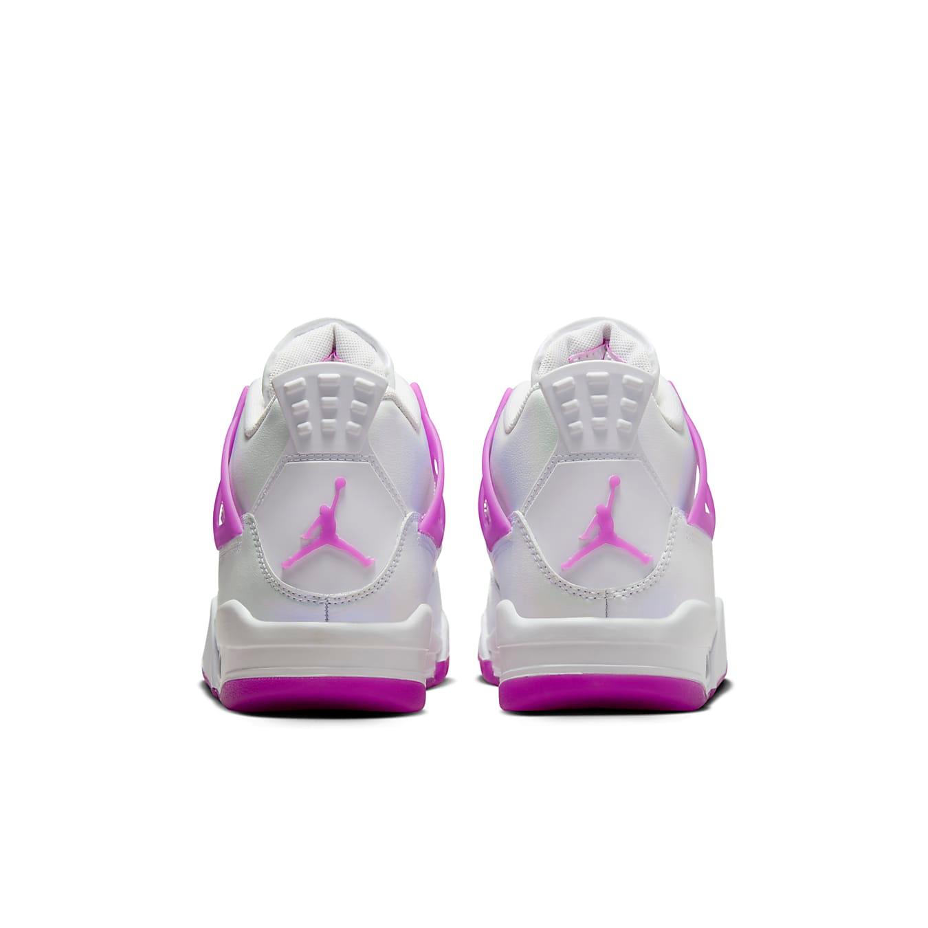 Air Jordan 4 Retro Hyper Violet (GS) view from the back, showcasing white leather and vibrant violet details.