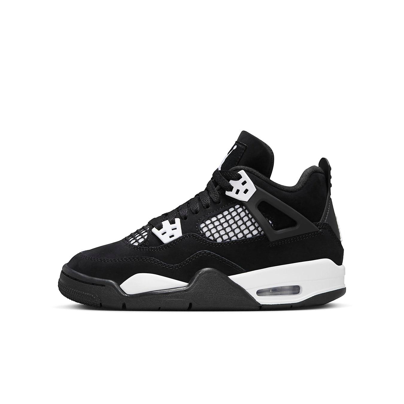 Air Jordan 4 Retro GS 'White Thunder' in black and white, featuring nubuck upper and mesh accents.
