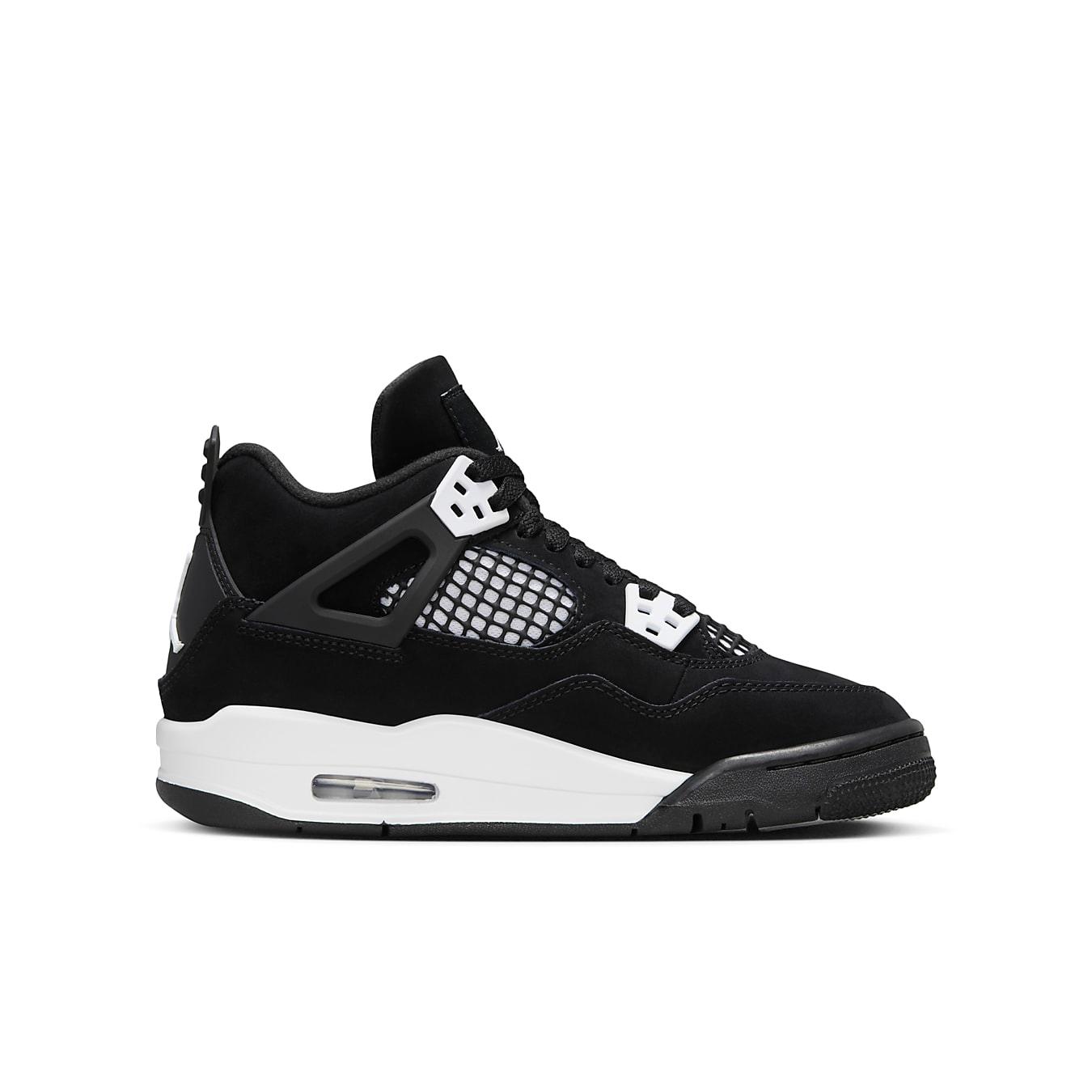 Jordan 4 Retro White Thunder GS sneaker featuring black nubuck upper and white accents.