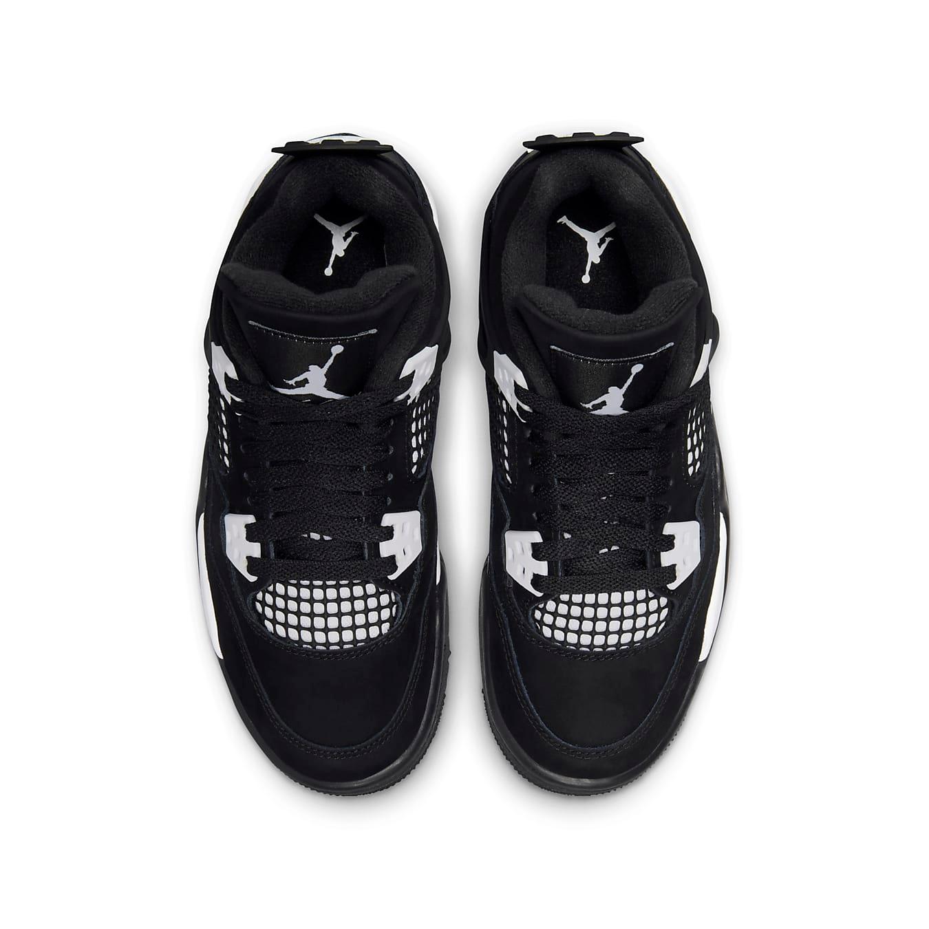 Air Jordan 4 Retro White Thunder GS top view featuring black nubuck upper and white accents.