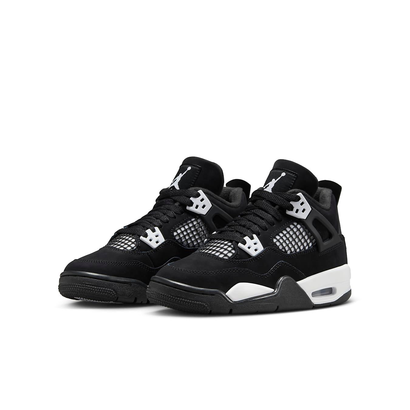 Air Jordan 4 Retro GS 'White Thunder' sneakers showcasing black nubuck upper and contrasting white accents.