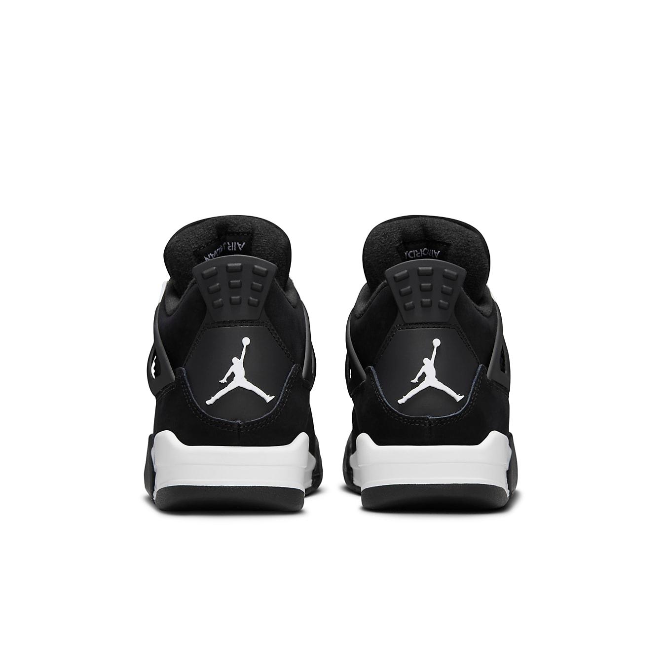 Air Jordan 4 Retro White Thunder GS back view showing black nubuck upper and white Jumpman logo.