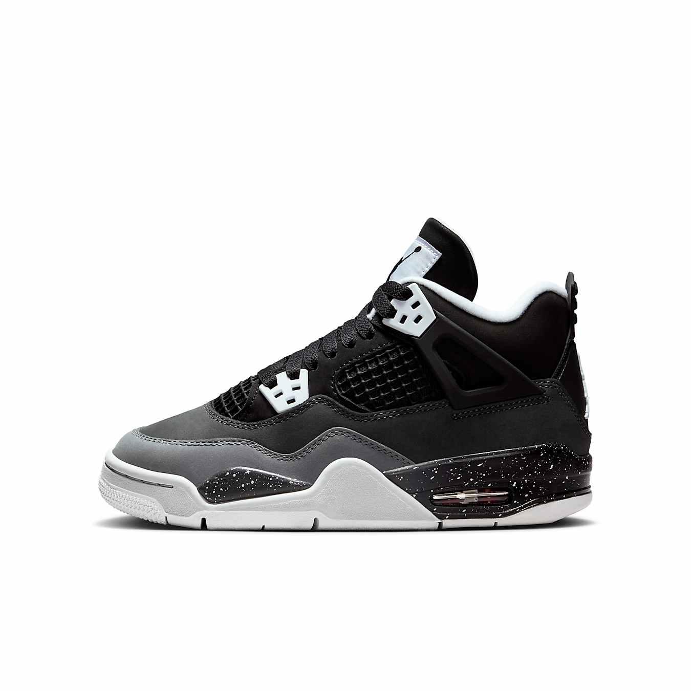 Air Jordan 4 Retro Fear 2024 GS sneaker featuring black, Cool Grey, and Pure Platinum colorway.