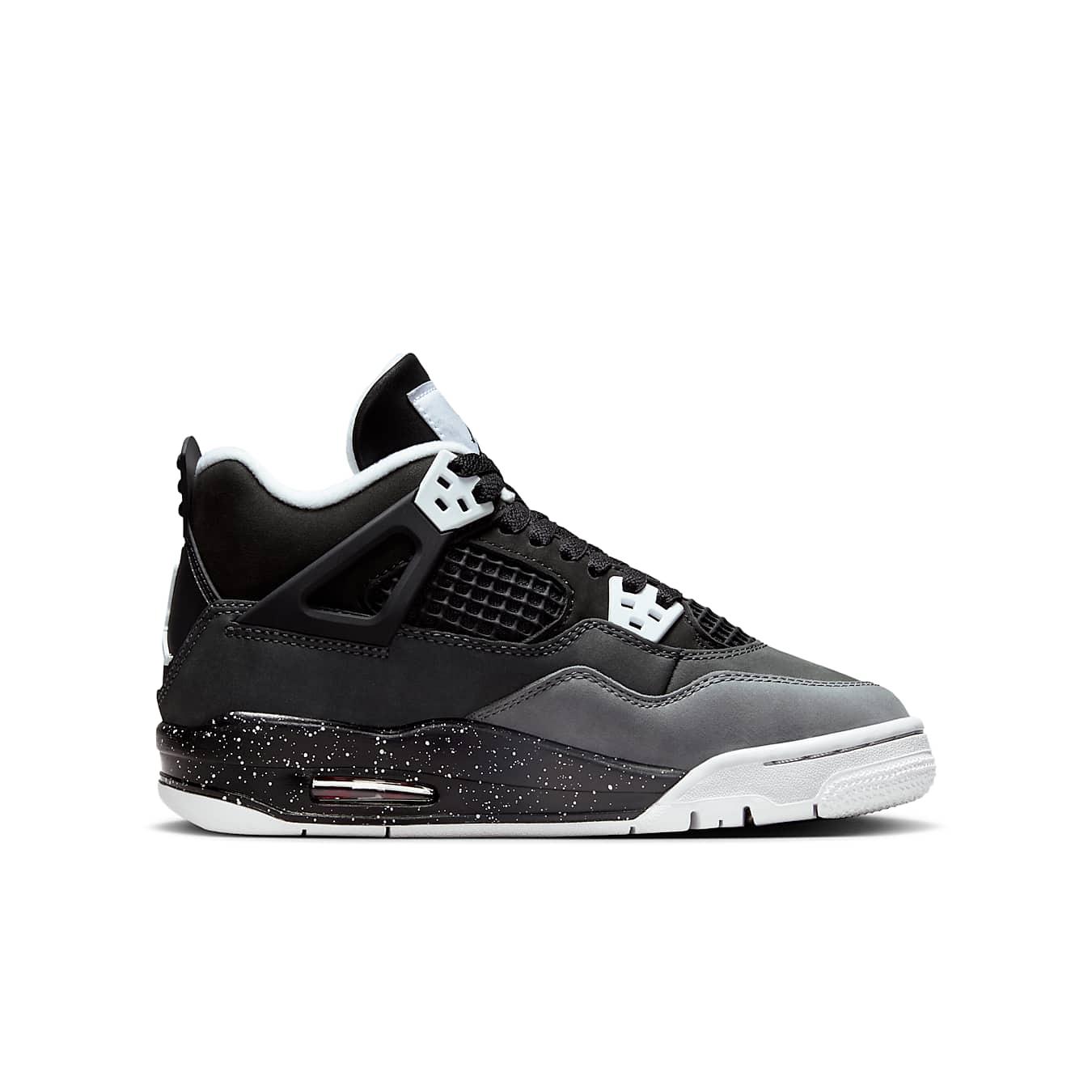 Air Jordan 4 Retro 'Fear' 2024 sneakers in black, Cool Grey, and Pure Platinum with speckled midsole.