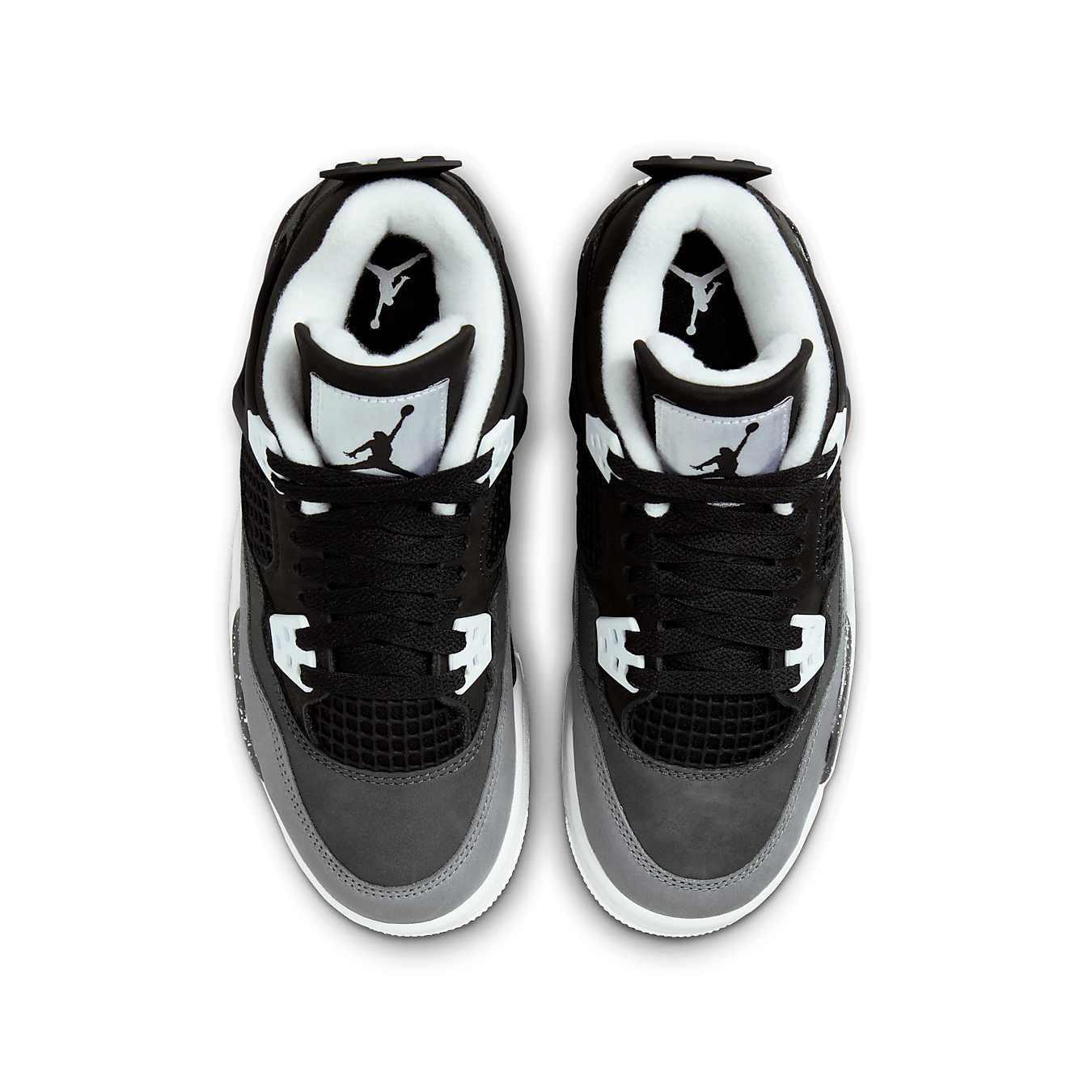 Air Jordan 4 Retro Fear (2024) shoes, top view showcasing black, Cool Grey, and Pure Platinum colorway.