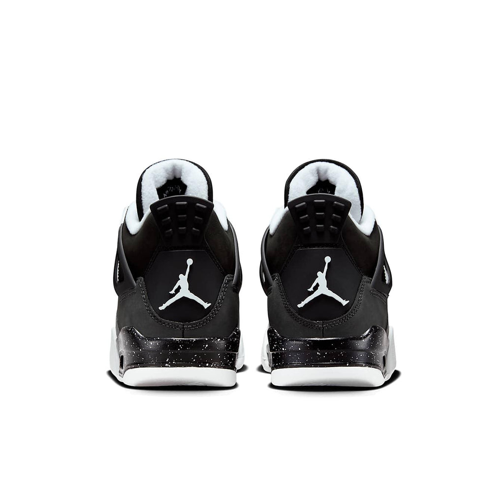 Rear view of the Air Jordan 4 Retro Fear (2024) GS sneakers in black and white.