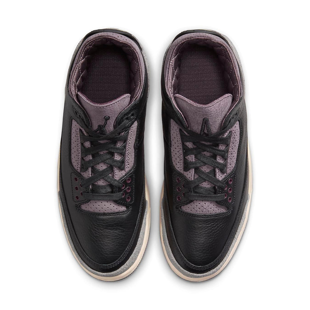 Top view of Jordan 3 Retro OG SP A Ma Maniére While You Were Sleeping women's sneakers in black and purple.