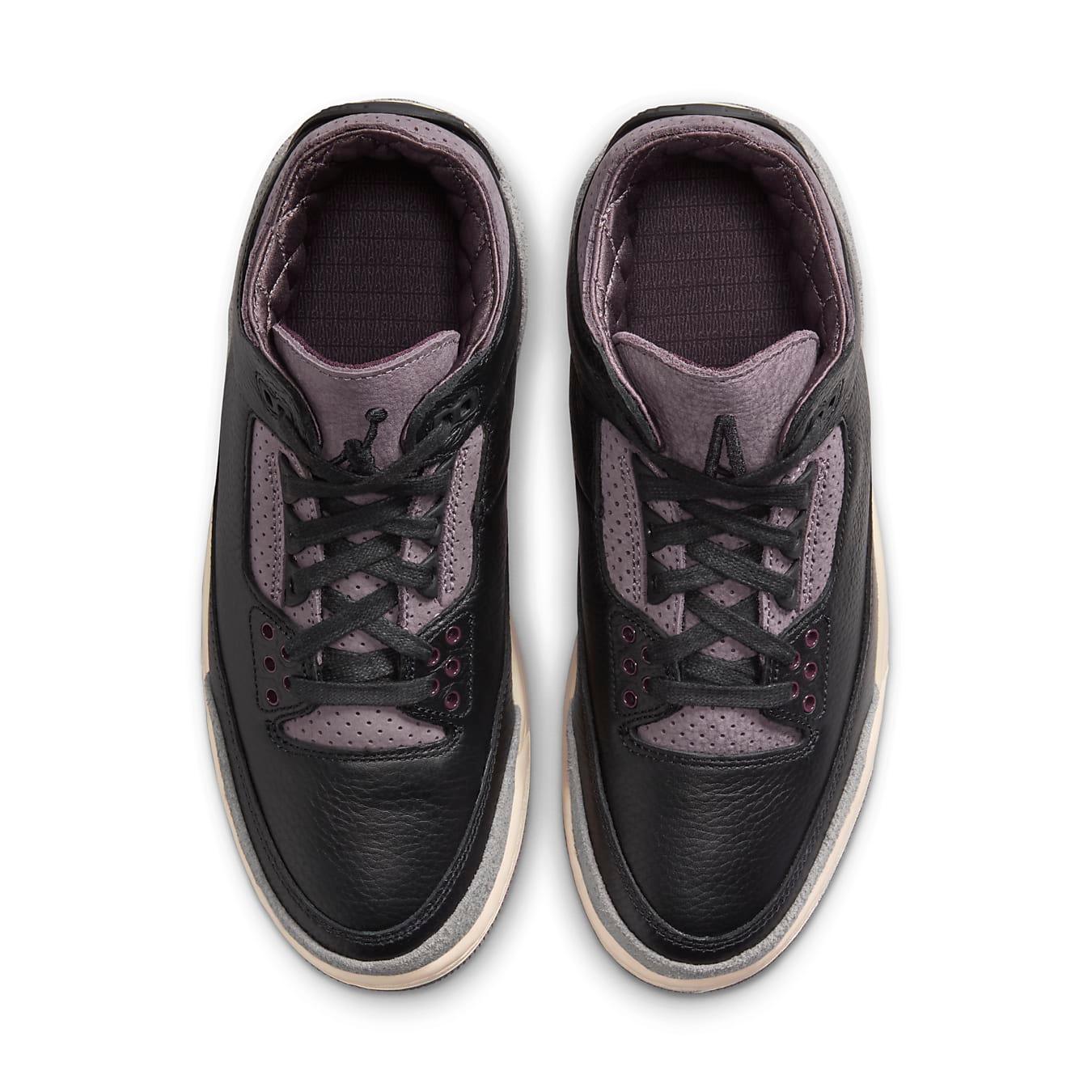 Top view of Jordan 3 Retro OG SP A Ma Maniére While You Were Sleeping women's sneakers in black and purple.