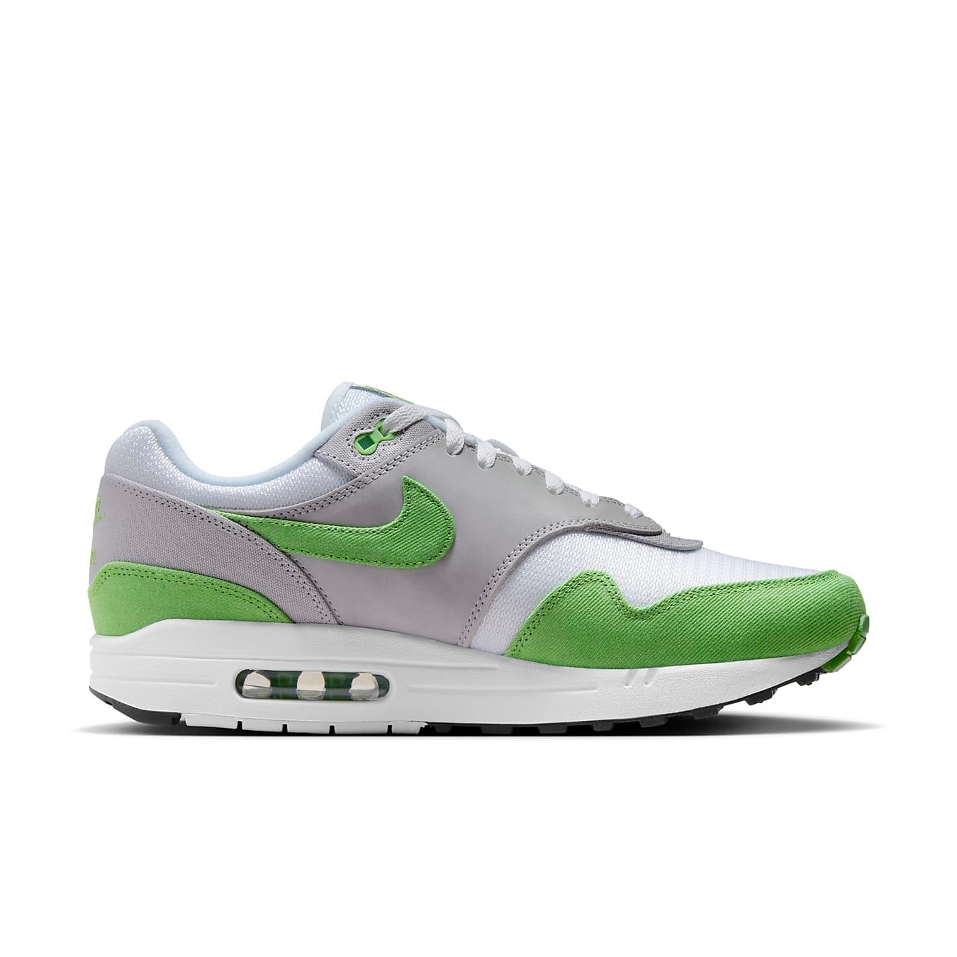 Nike Air Max 1 Patta 20th Anniversary Chlorophyll sneaker in white, gray, and bright green design.