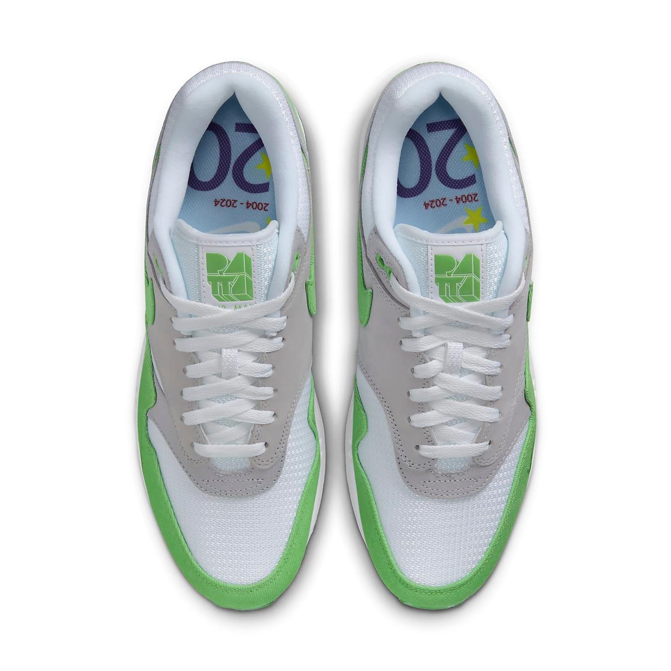 Nike Air Max 1 Patta 20th Anniversary Chlorophyll top view, featuring white mesh, grey leather accents, and green details.