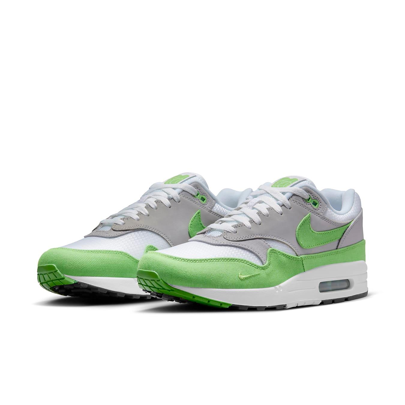 Nike Air Max 1 Patta 20th Anniversary Chlorophyll sneaker with grey, white, and vibrant green colorway.
