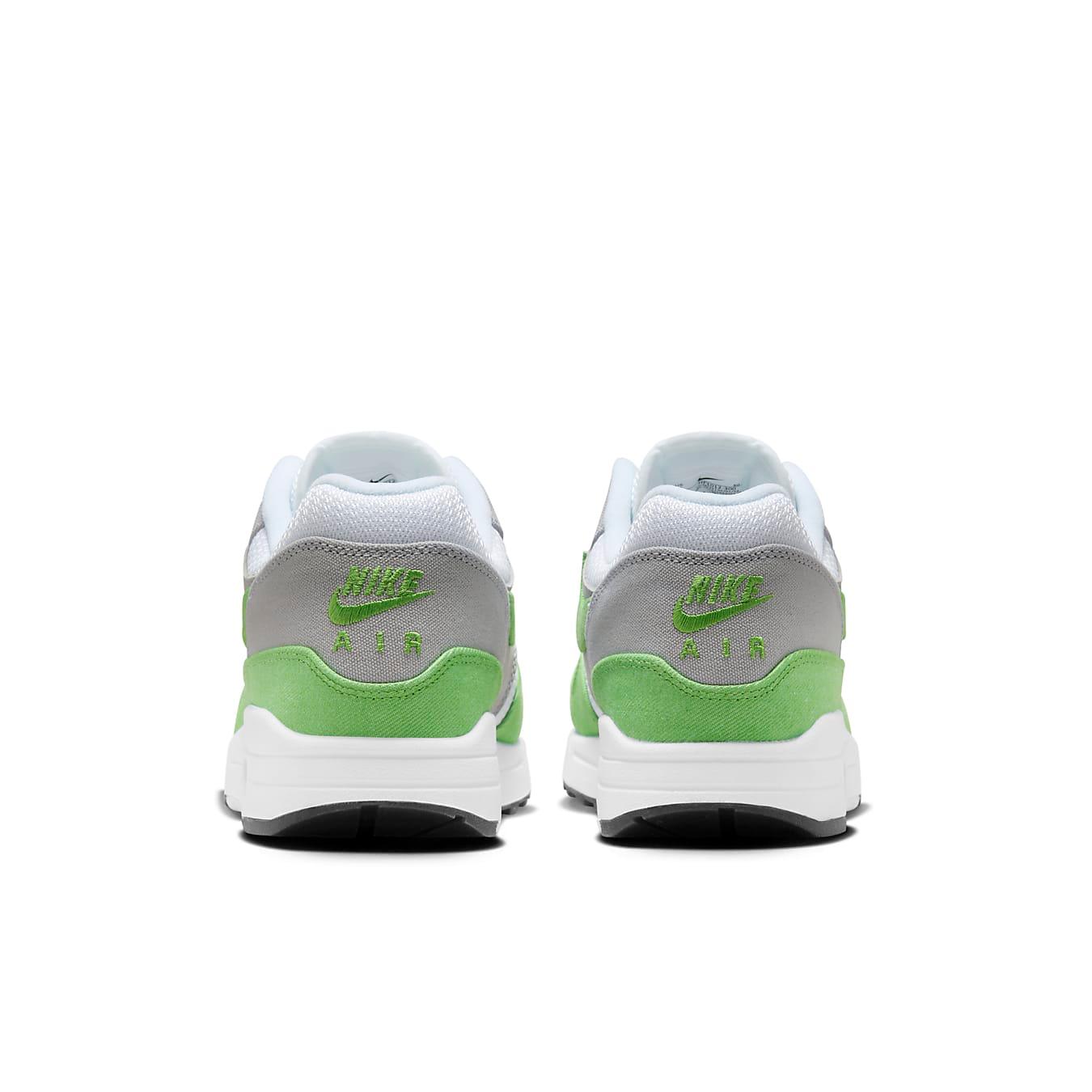 Rear view of Nike Air Max 1 Patta Chlorophyll 20th Anniversary sneaker showcasing green and gray design.
