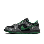 Nike SB Dunk Low Skateboards in black suede with gray overlays and green Swoosh, featuring unique art by Jeff Cheung.