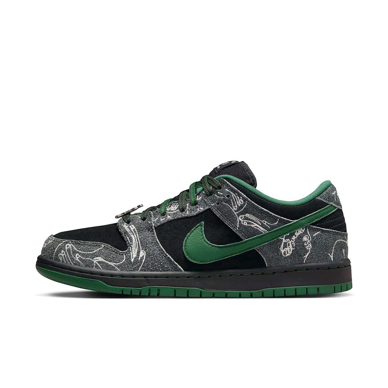 Nike SB Dunk Low Skateboards in black suede with gray overlays and green Swoosh, featuring unique art by Jeff Cheung.
