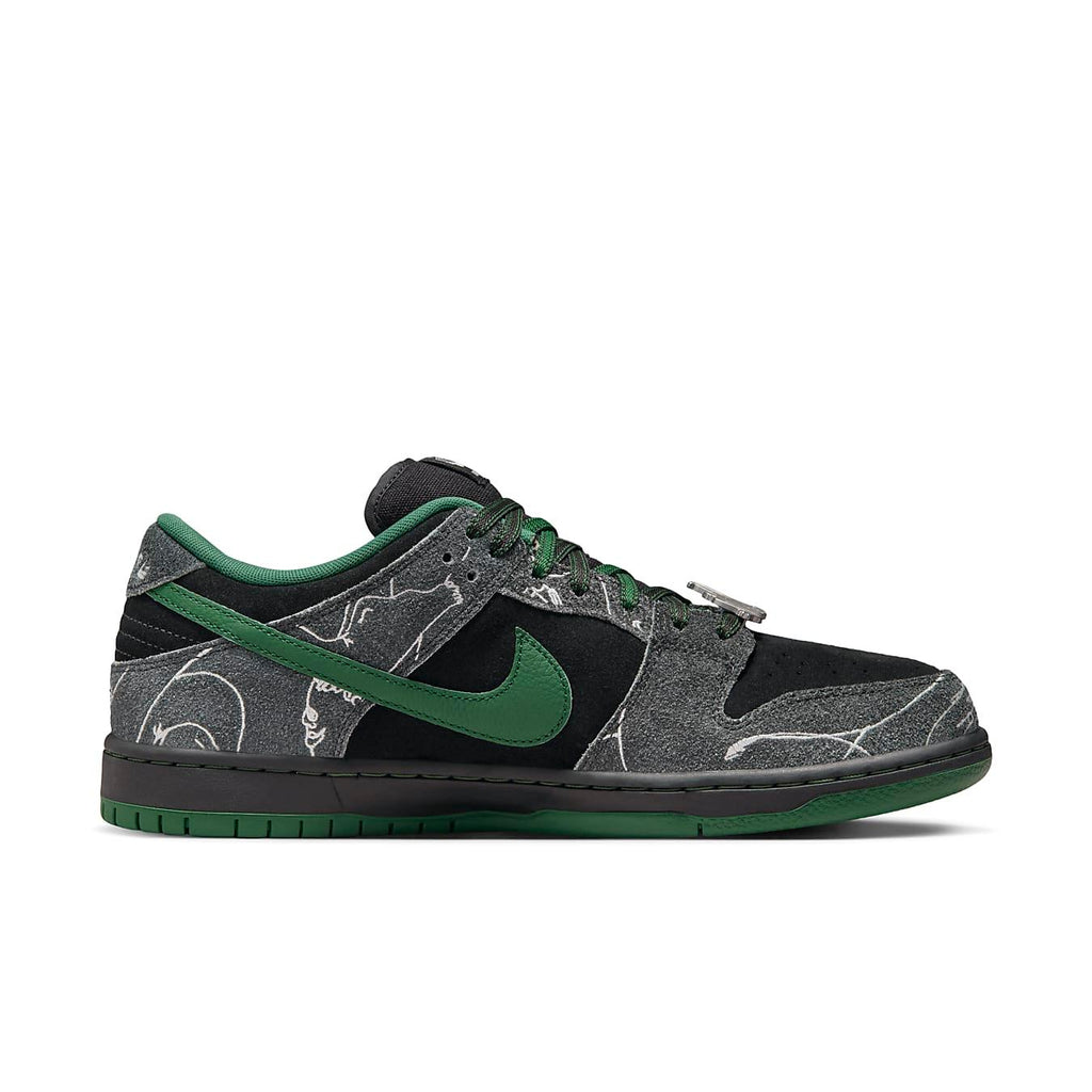 Nike SB Dunk Low 'There Skateboards' in black suede with green accents and unique art by Jeff Cheung.