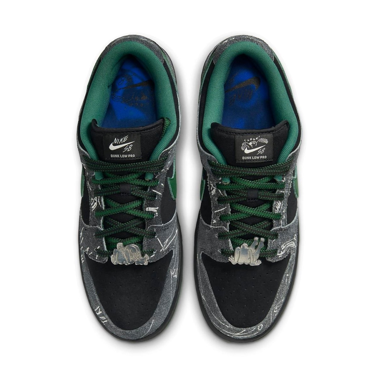 Nike SB Dunk Low 'There Skateboards' in black suede with gray overlays, green accents, and unique art by Jeff Cheung.