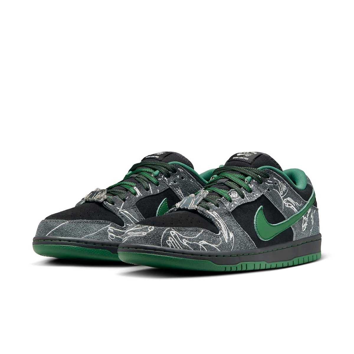 Nike SB Dunk Low 'There Skateboards' in black and grey with green accents and unique artwork design by Jeff Cheung.