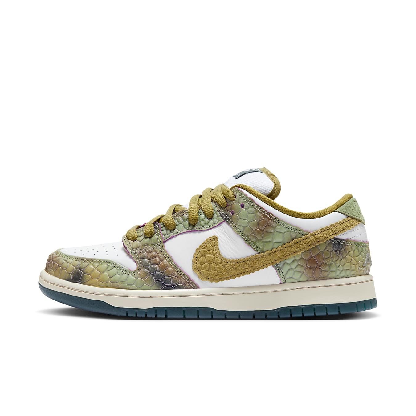 Nike SB Dunk Low Alexis Sablone Chameleon in white leather with textured green reptile details.