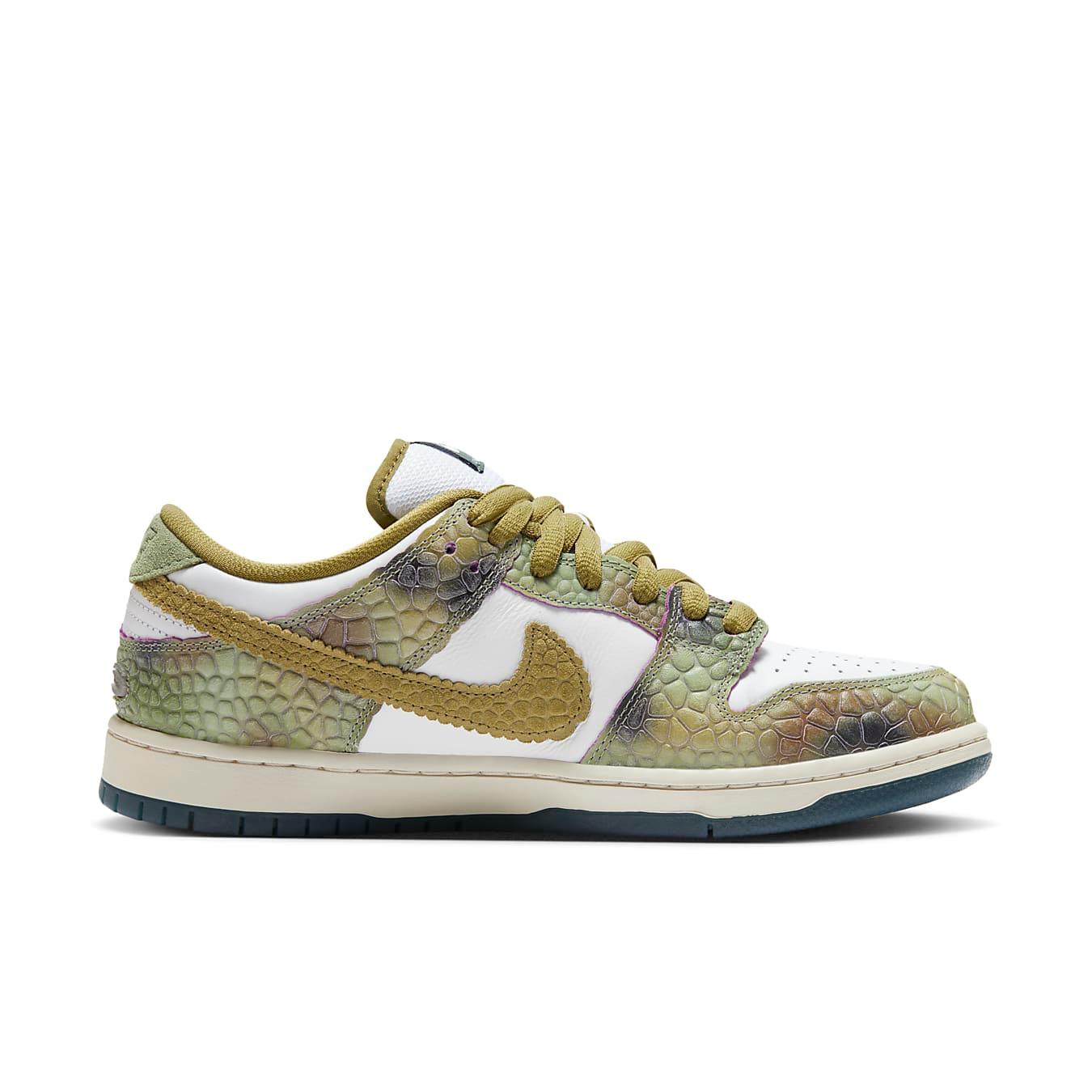 Nike SB Dunk Low Alexis Sablone 'Chameleon' sneaker with textured scales and green accents.