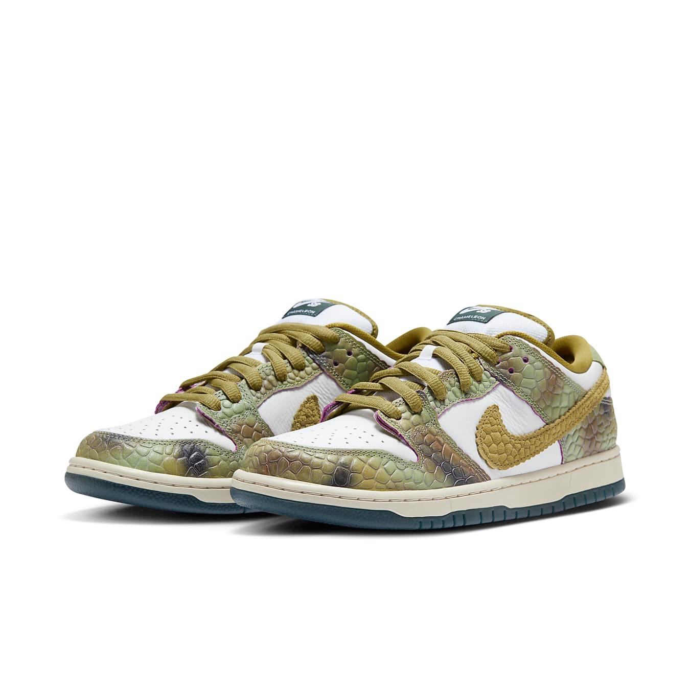Nike SB Dunk Low Alexis Sablone Chameleon in white and textured green upper with reptile-inspired design.
