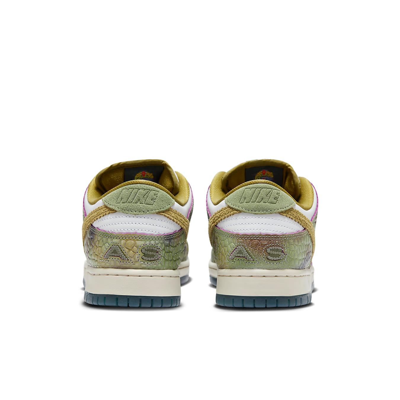 Nike SB Dunk Low Alexis Sablone Chameleon sneaker rear view with textured green and white detailing.