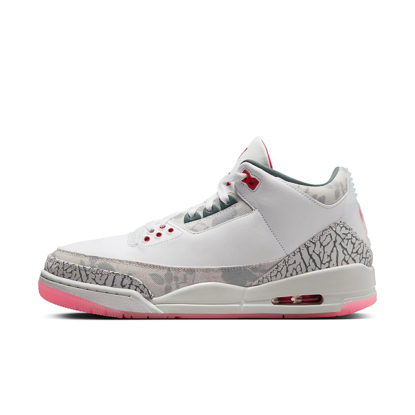 Air Jordan 3 Retro Wings limited edition sneaker in white leather with grey elephant print and teal accents.