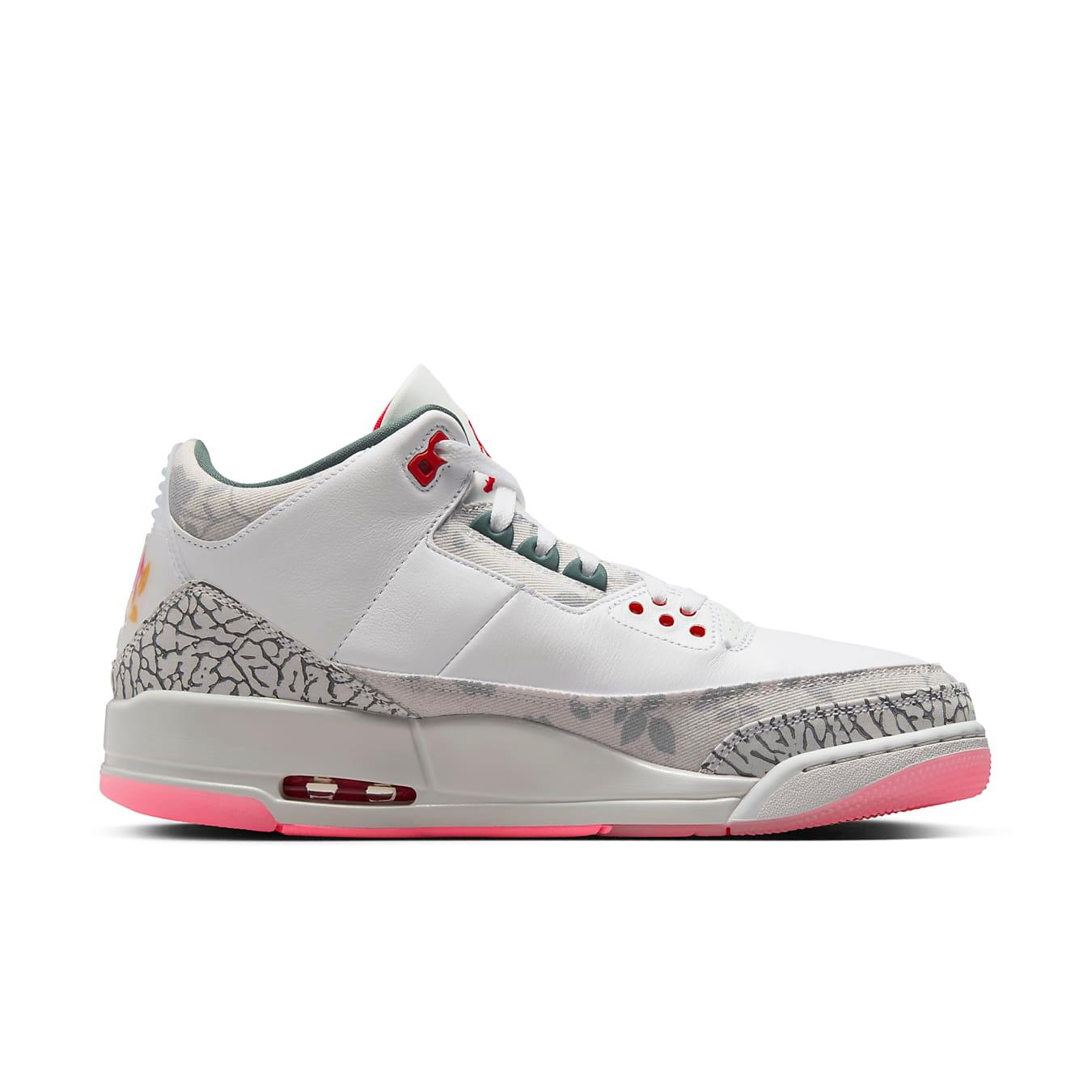 Jordan 3 Retro Wings sneaker featuring white leather, grey elephant print, and vibrant red accents.