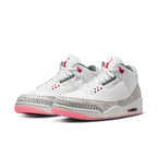 Air Jordan 3 Retro Wings shoes featuring white leather, crimson, teal accents, and classic elephant print.