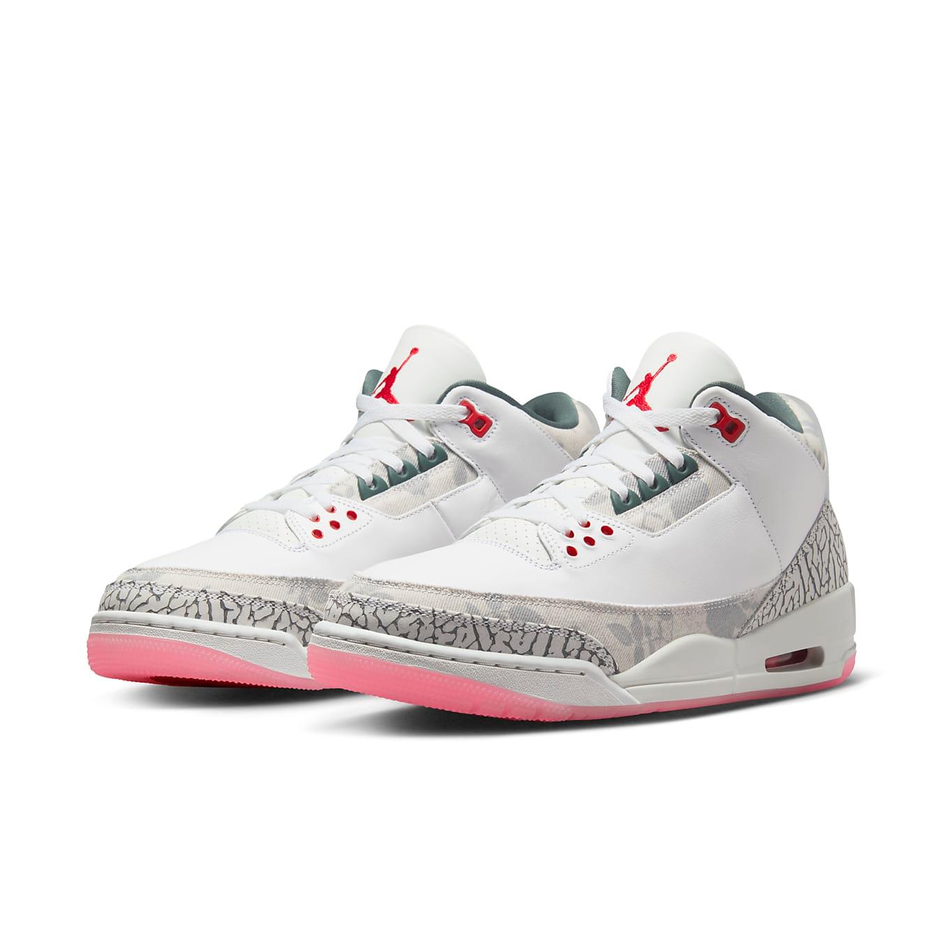 Air Jordan 3 Retro Wings shoes featuring white leather, crimson, teal accents, and classic elephant print.