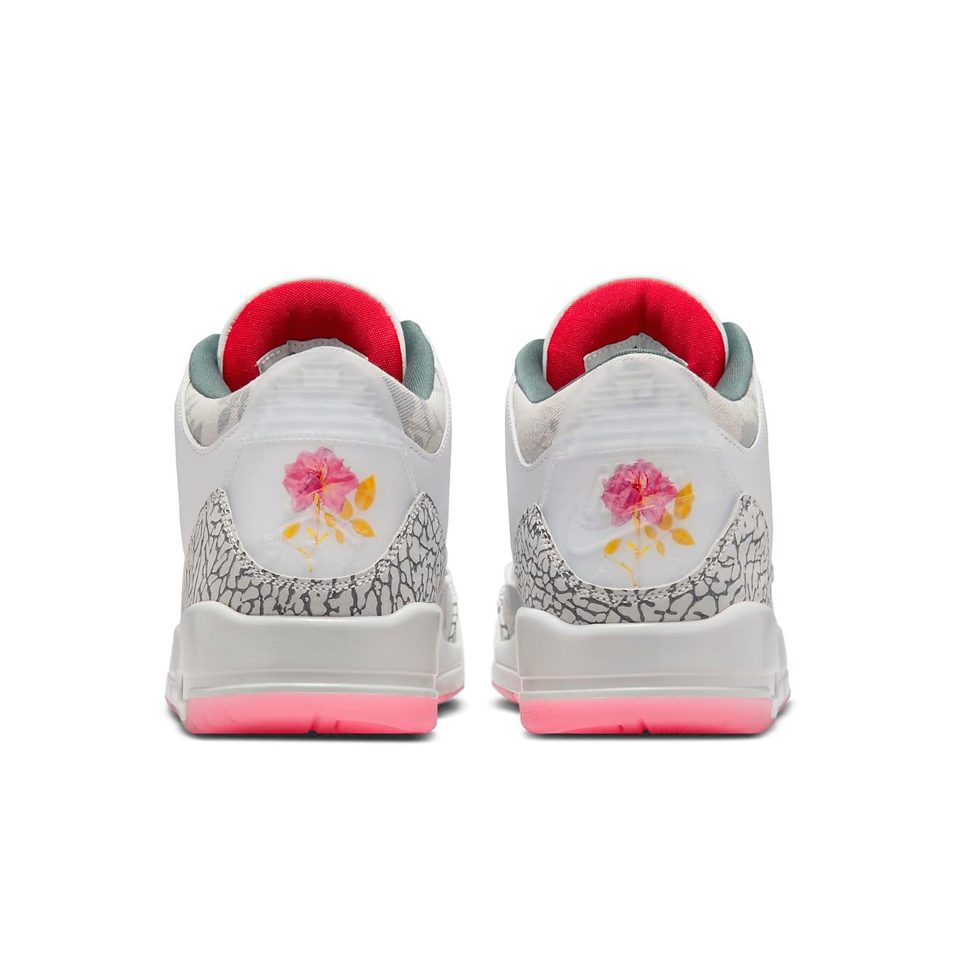 Air Jordan 3 Retro Wings sneakers featuring white leather upper and floral design on heel.