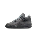 Air Jordan 4 Retro SE Paris Olympics Wet Cement sneakers in grey, featuring mixed materials and detailed design.