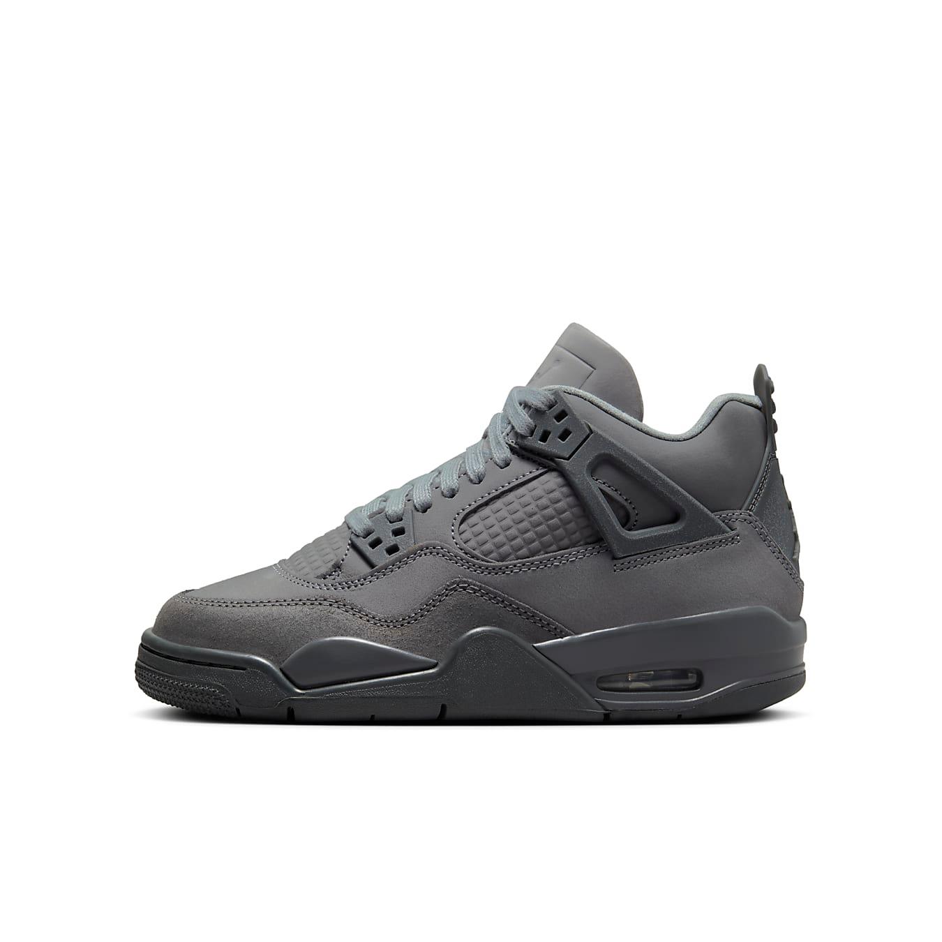 Air Jordan 4 Retro SE Paris Olympics Wet Cement sneakers in grey, featuring mixed materials and detailed design.