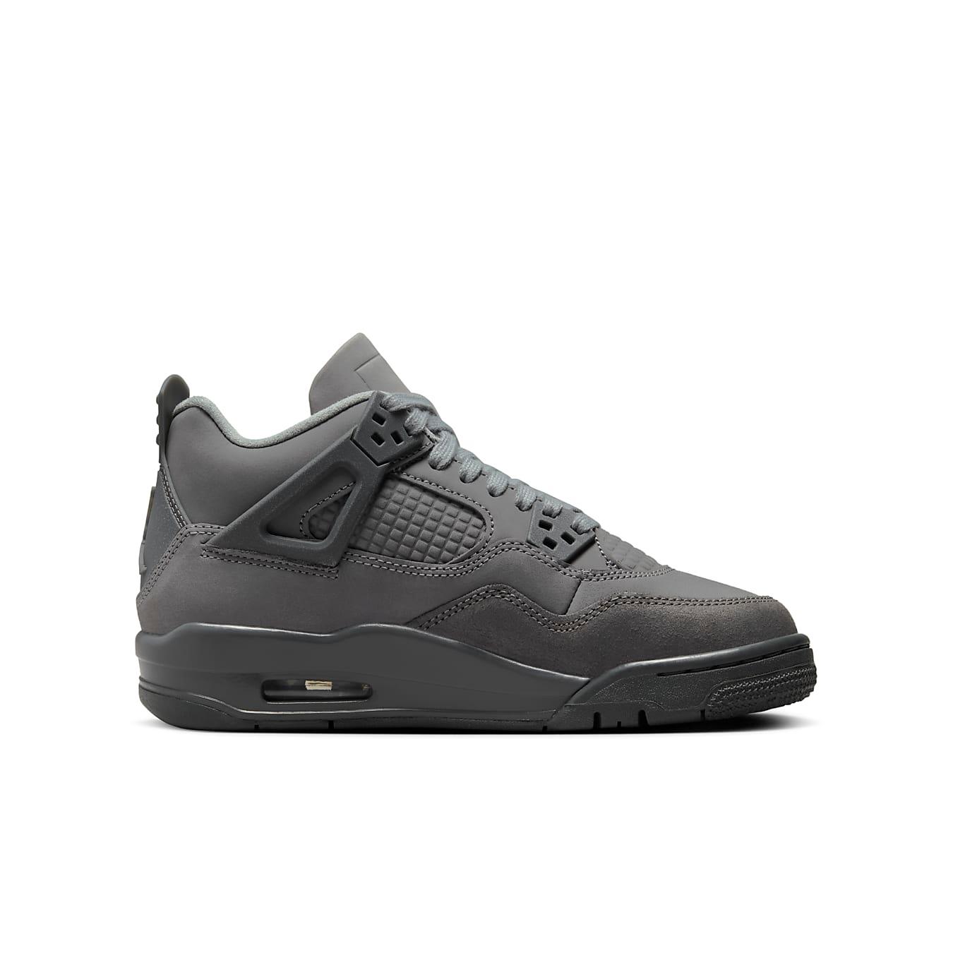 Air Jordan 4 Retro SE Paris Olympics Wet Cement GS sneaker in gray with mixed materials and textured grid panel.