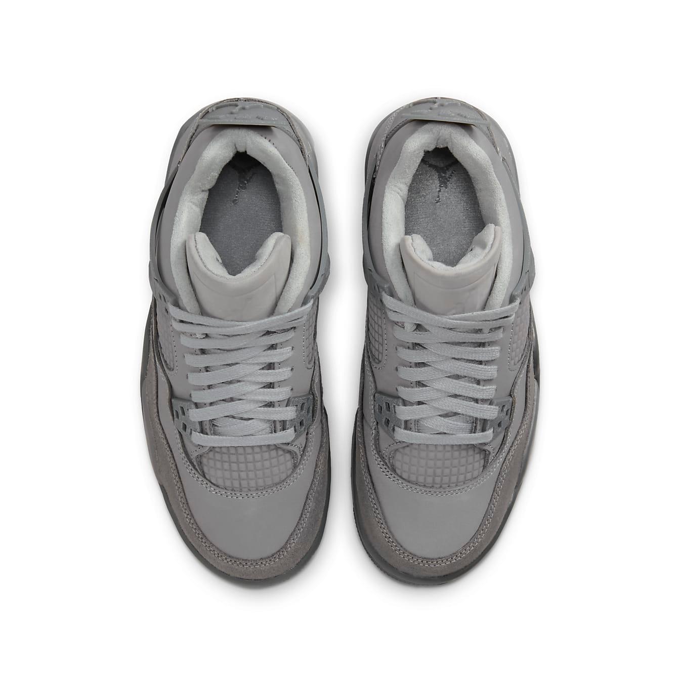 Air Jordan 4 Retro SE Paris Olympics Wet Cement (GS) sneakers in gray, showcasing mixed materials and detailed design.