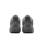 Rear view of Jordan 4 Retro SE Paris Olympics Wet Cement sneakers showing dark gray color and unique heel design.