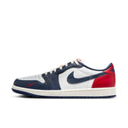 Air Jordan 1 Retro Low OG 'Howard University' in white, midnight navy, and gym red colorway.