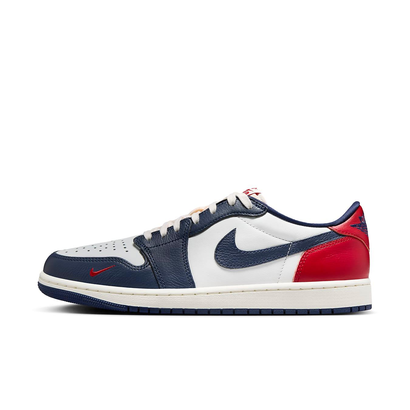 Air Jordan 1 Retro Low OG 'Howard University' in white, midnight navy, and gym red colorway.