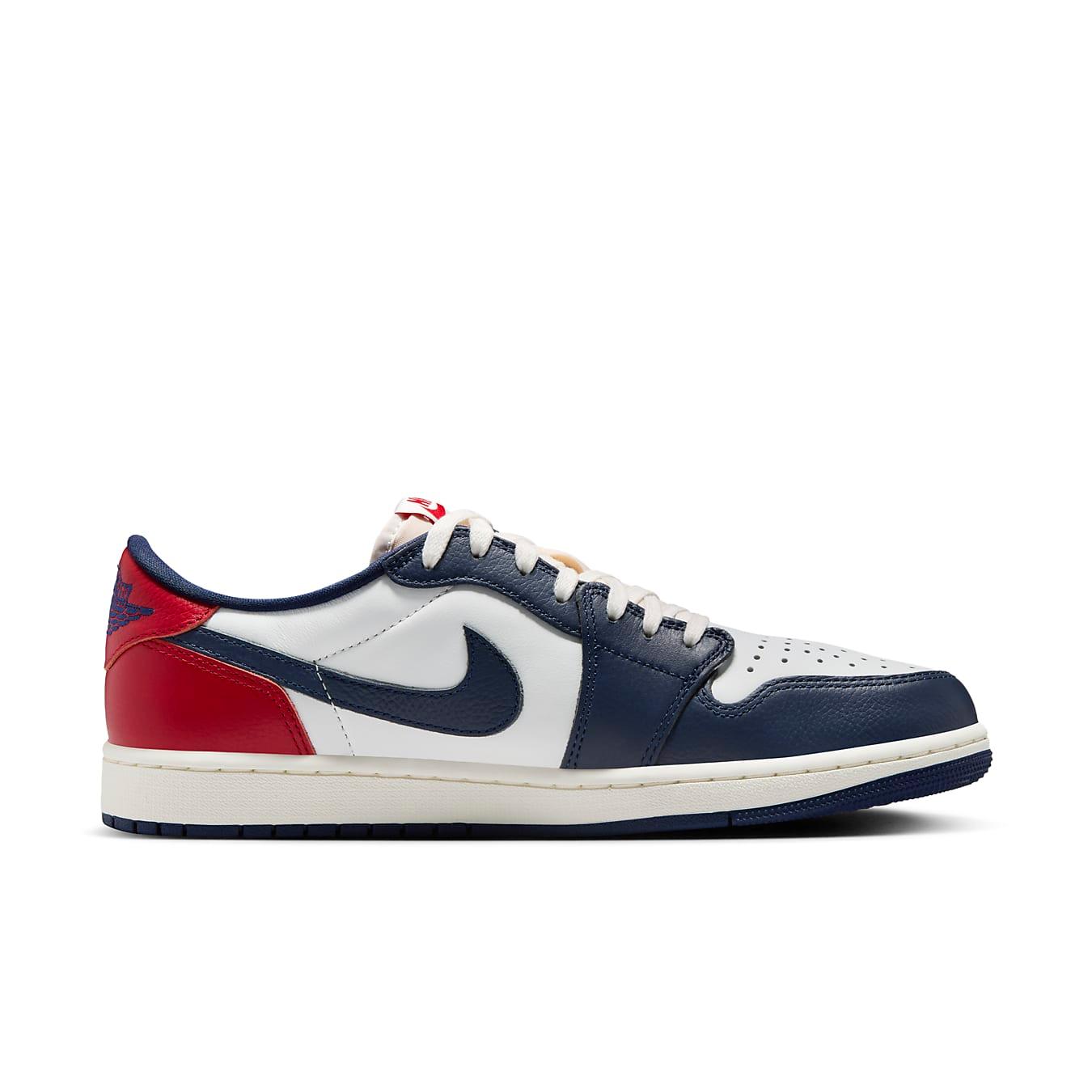 Nike Jordan 1 Retro Low OG Howard University in white, navy, and red colorway, showcasing official HBCU colors.
