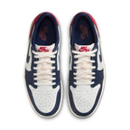 Air Jordan 1 Retro Low OG Howard University sneakers, white leather, Midnight Navy accents, Gym Red details.