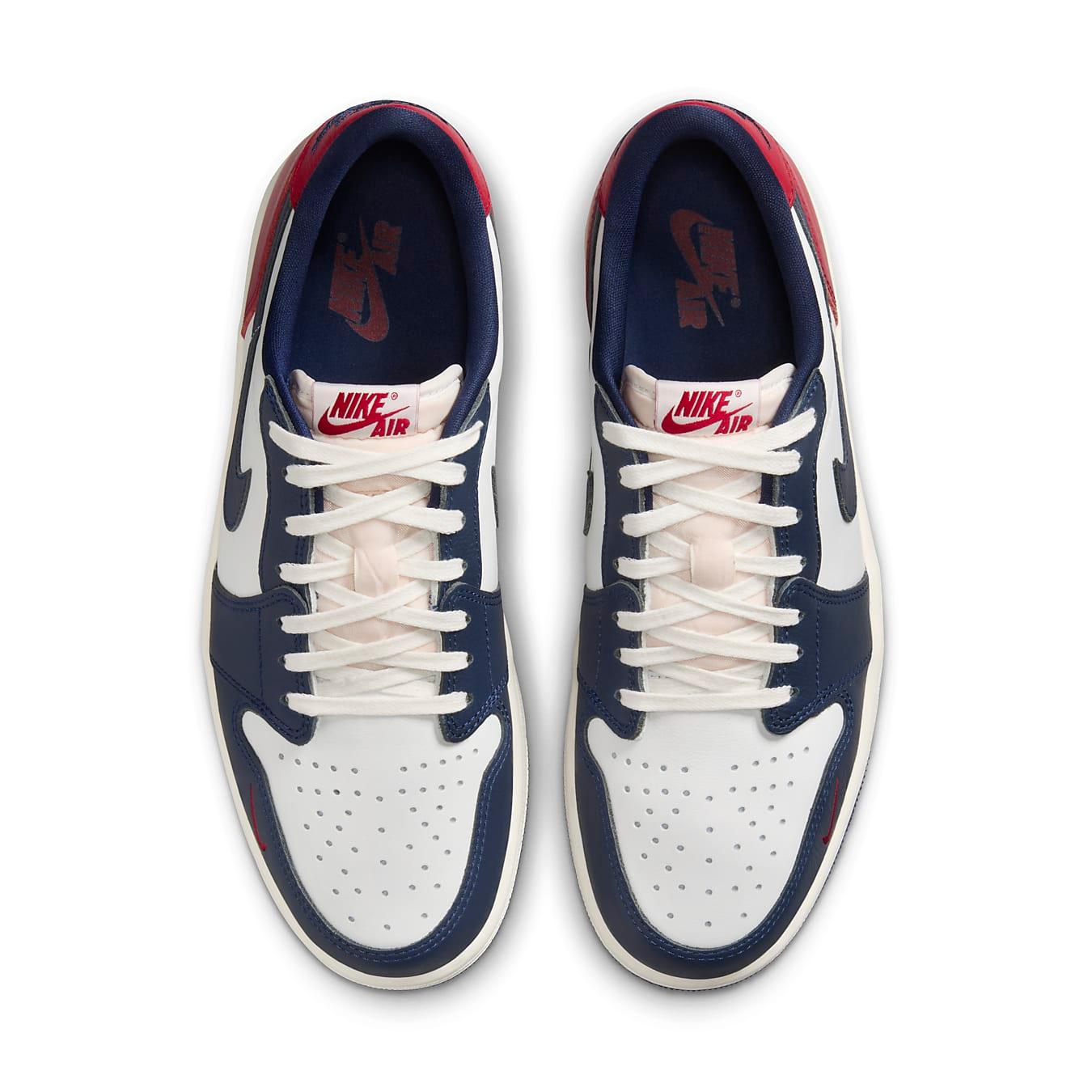 Air Jordan 1 Retro Low OG Howard University sneakers, white leather, Midnight Navy accents, Gym Red details.